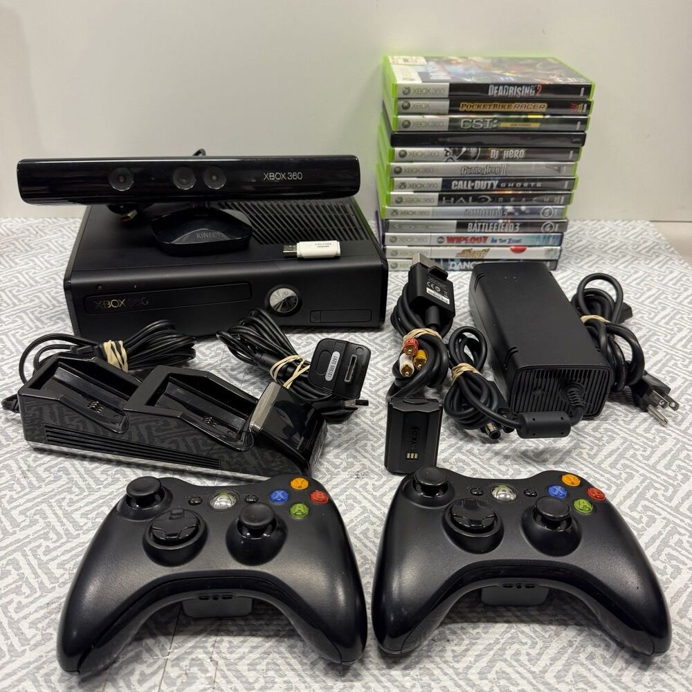Xbox 360 Slim 3GB Console Bundle 2 Controllers 13 Games Kinect Tested Working